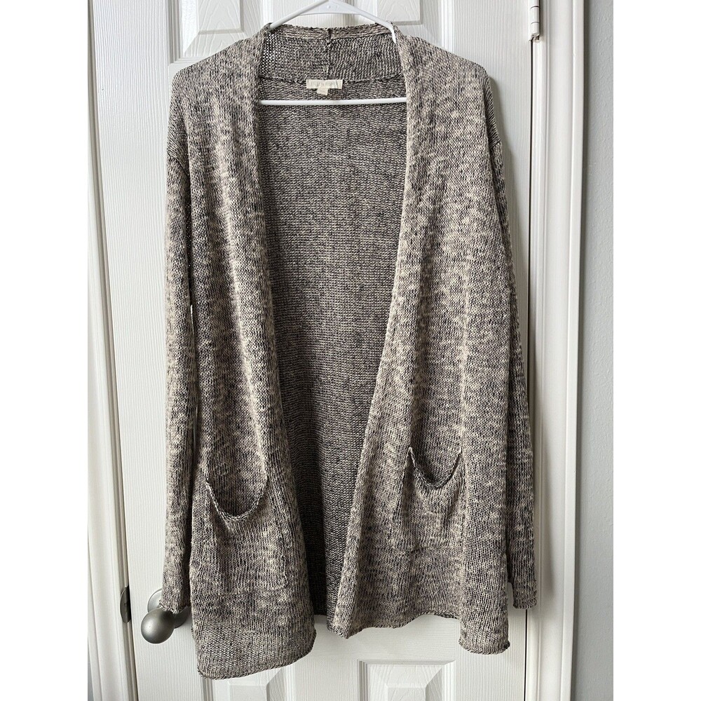 Eileen Fisher Gray Open Long Knit Cardigan Organic Linen Cotton Office Large